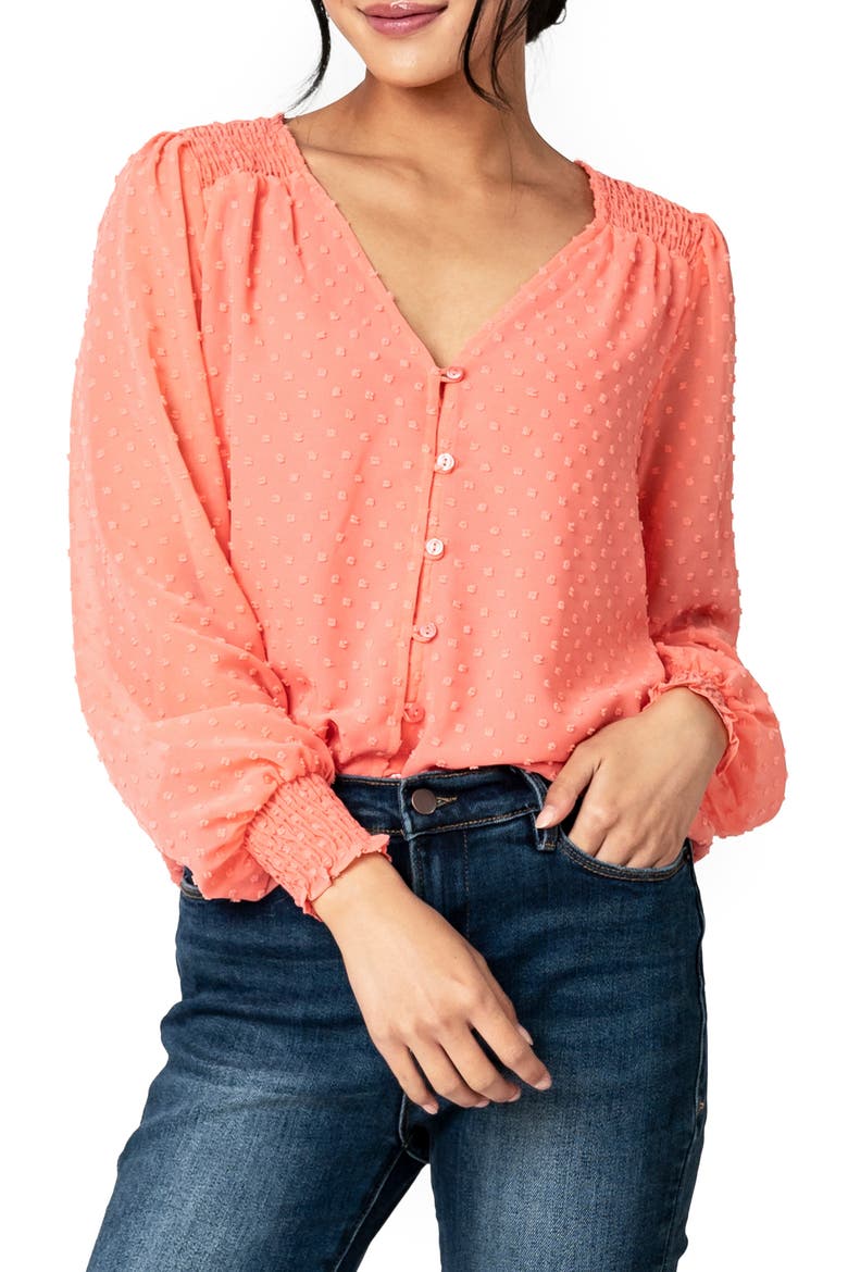 Pin Dot Smocked Detail V-Neck Blouse, Main, color, CORAL