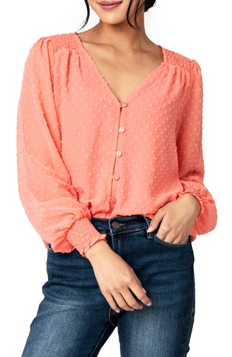 Pin Dot Smocked Detail V-Neck Blouse