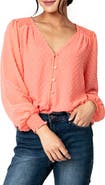GIBSONLOOK Pin Dot Smocked Detail V-Neck Blouse
