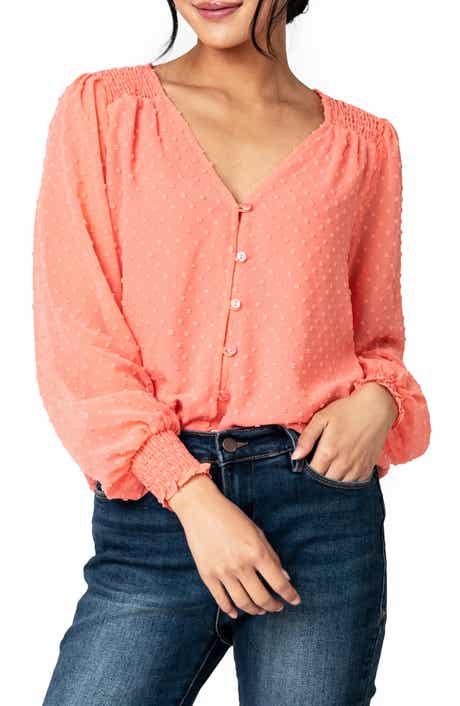 GIBSONLOOK Pin Dot Smocked Detail V-Neck Blouse