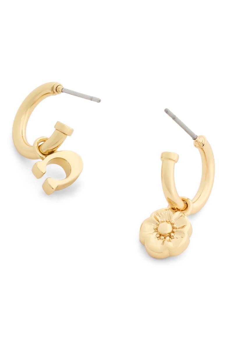 Tea Rose & Sculpted C Mismatch Hoop Earrings, Alternate, color, WHITE/ GOLD