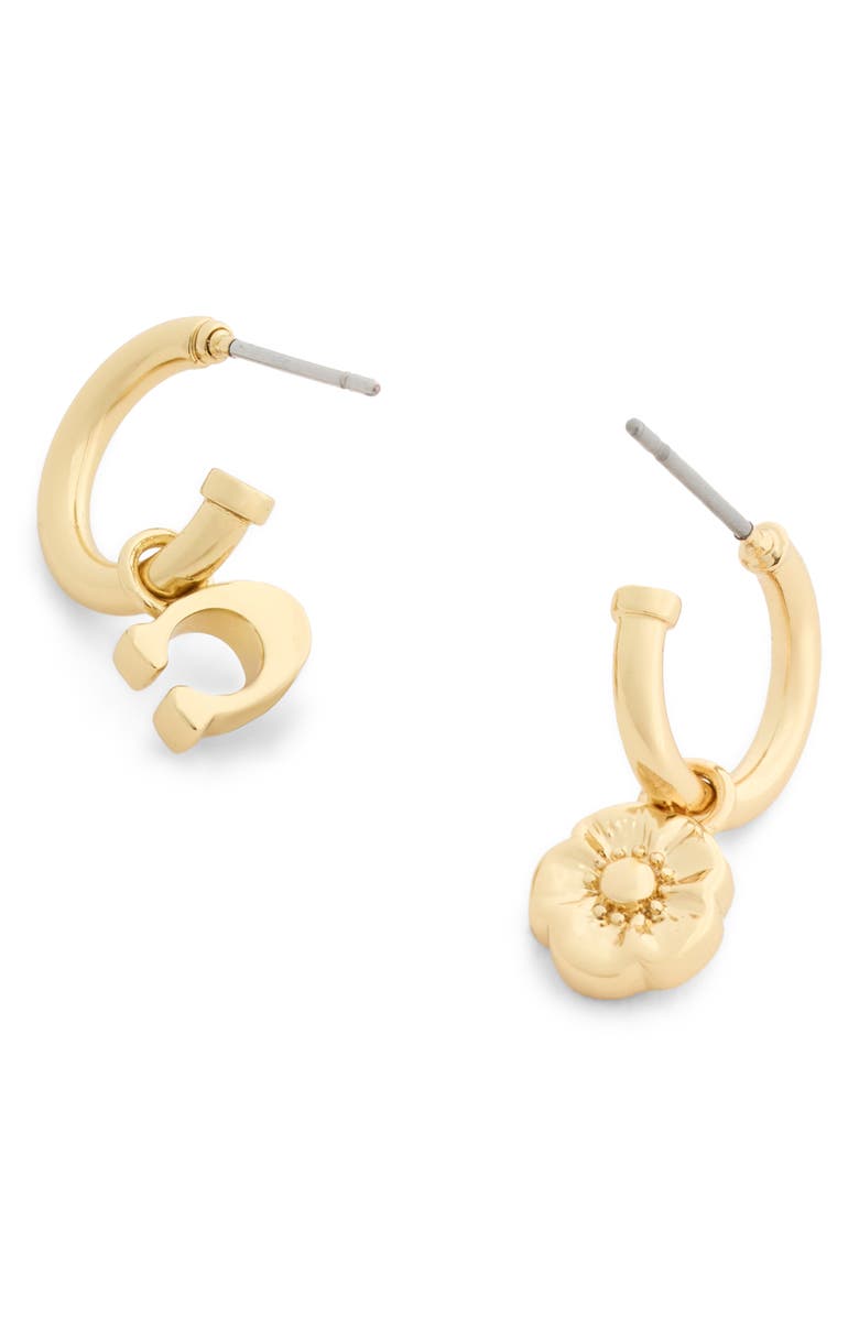 COACH Tea Rose & Sculpted C Mismatch Hoop Earrings, Alternate, color, White/ Gold