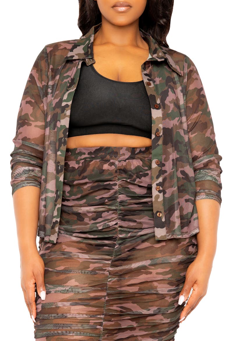 Camo Semisheer Mesh Button-Up Shirt & Body-Con Skirt, Alternate, color, GREEN MULTI