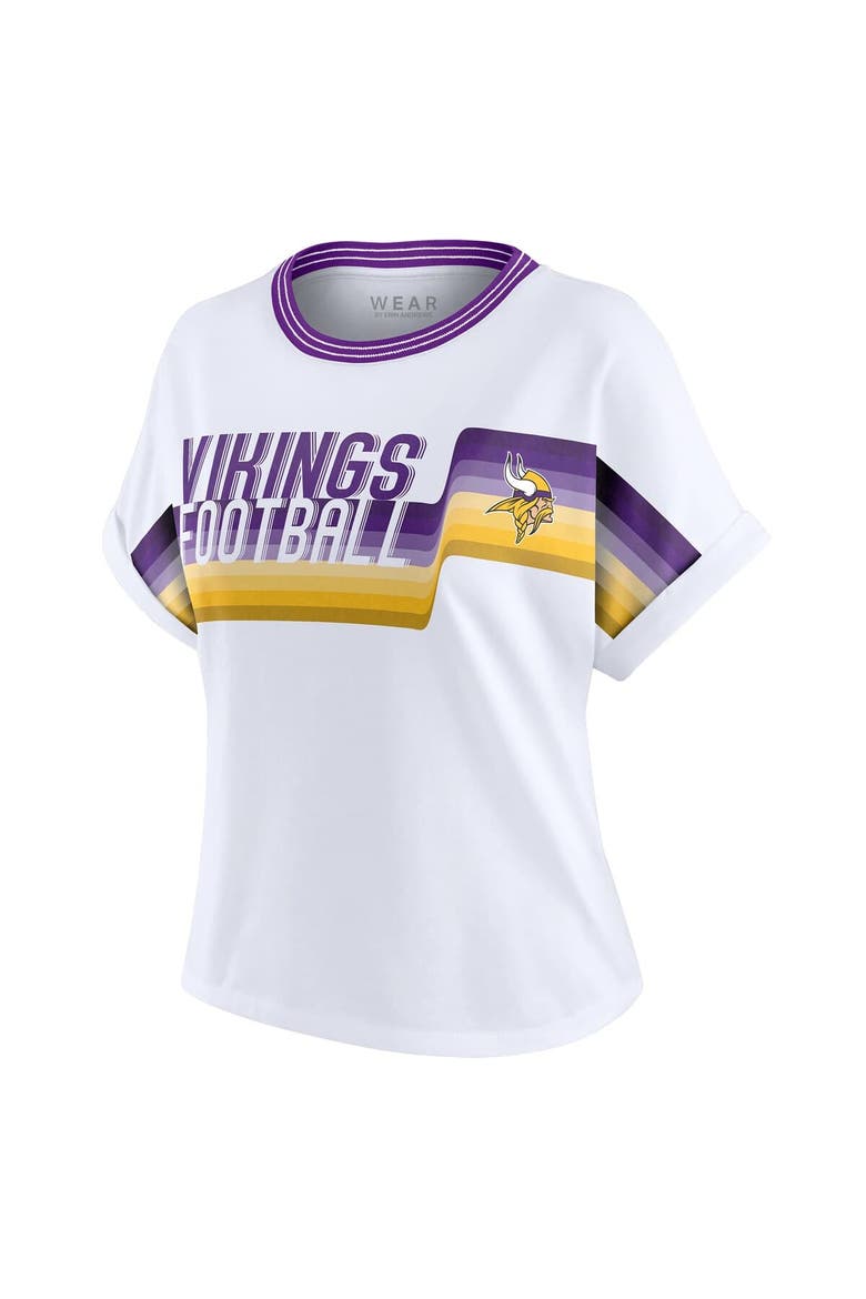 Women's WEAR by Erin Andrews White Minnesota Vikings Cropped Center Stripe Dolman T-Shirt, Alternate, color, White