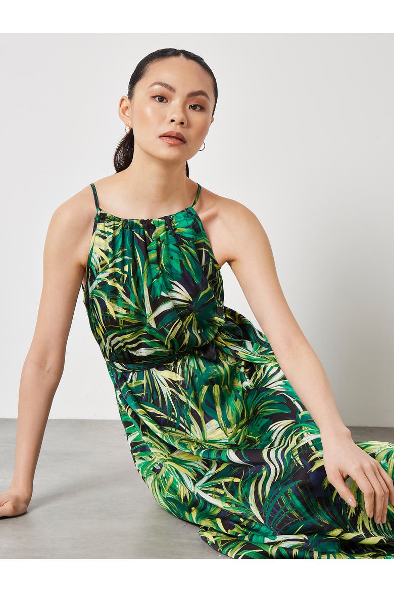Painterly Tropical Midi Dress, Alternate, color, Navy