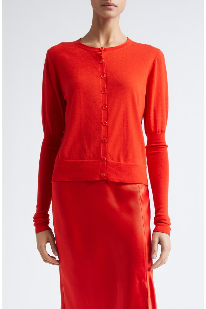 Puff Sleeve Merino Wool Cardigan, Main, color, PAPAYA