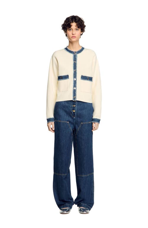 Sandro Cardigan With Denim Details In Ecru