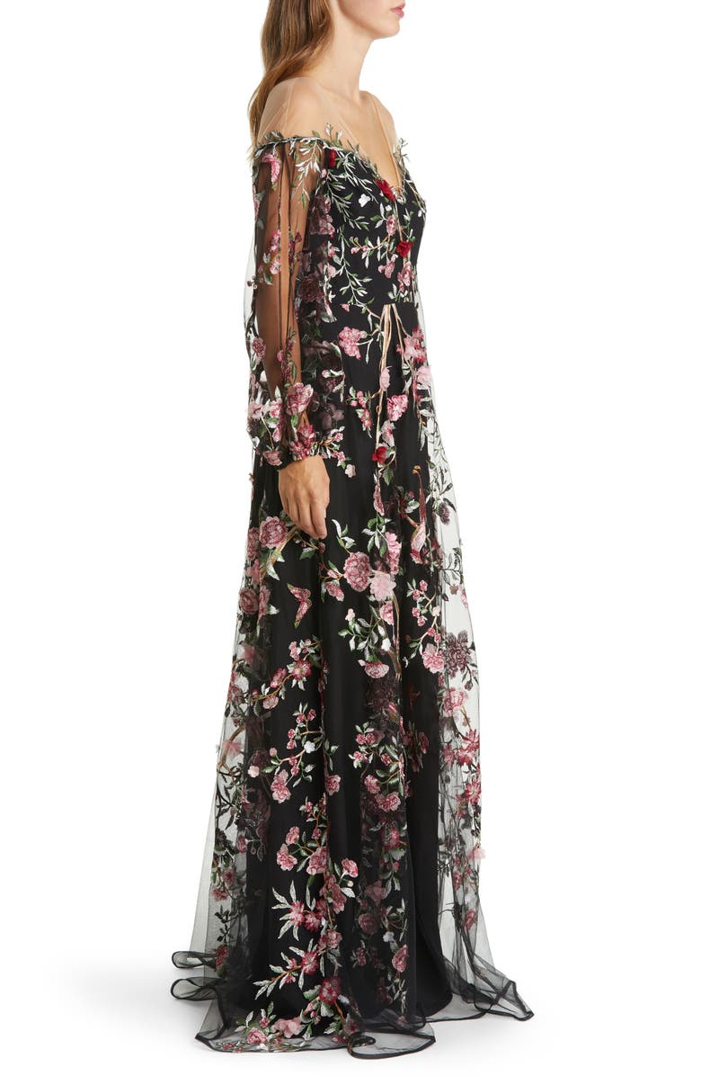 Marchesa Notte Floral Embroidery Long Sleeve Gown, Alternate, color, 