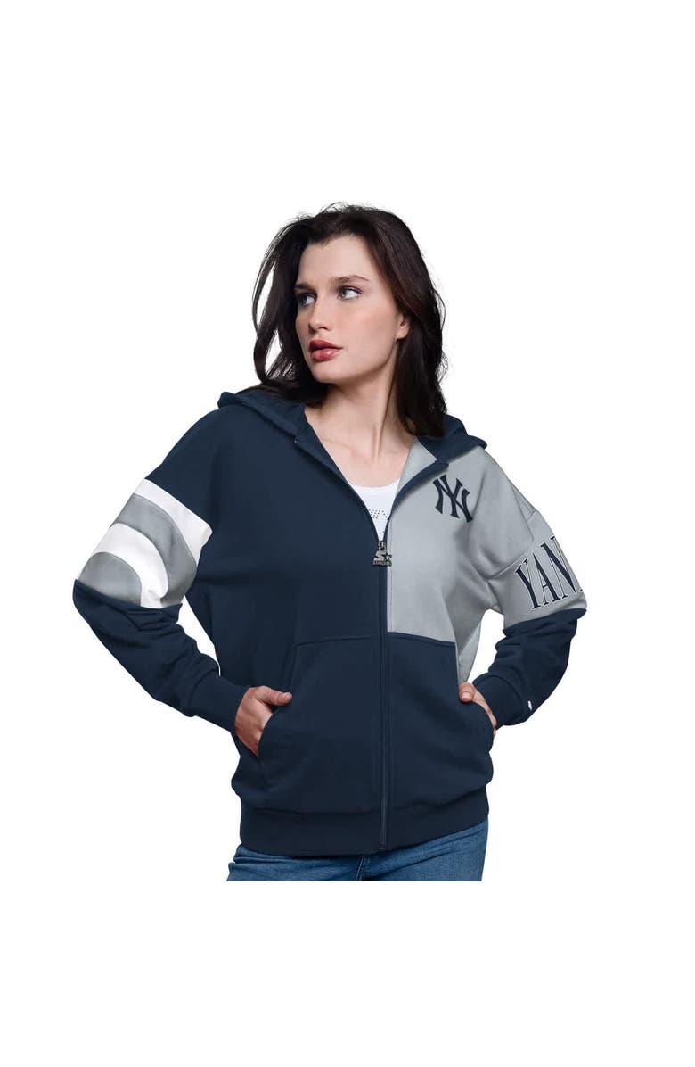 STARTER Women's Starter Navy/Gray New York Yankees Curve Ball Full Zip Hoodie Sweatshirt, Main, color, Navy