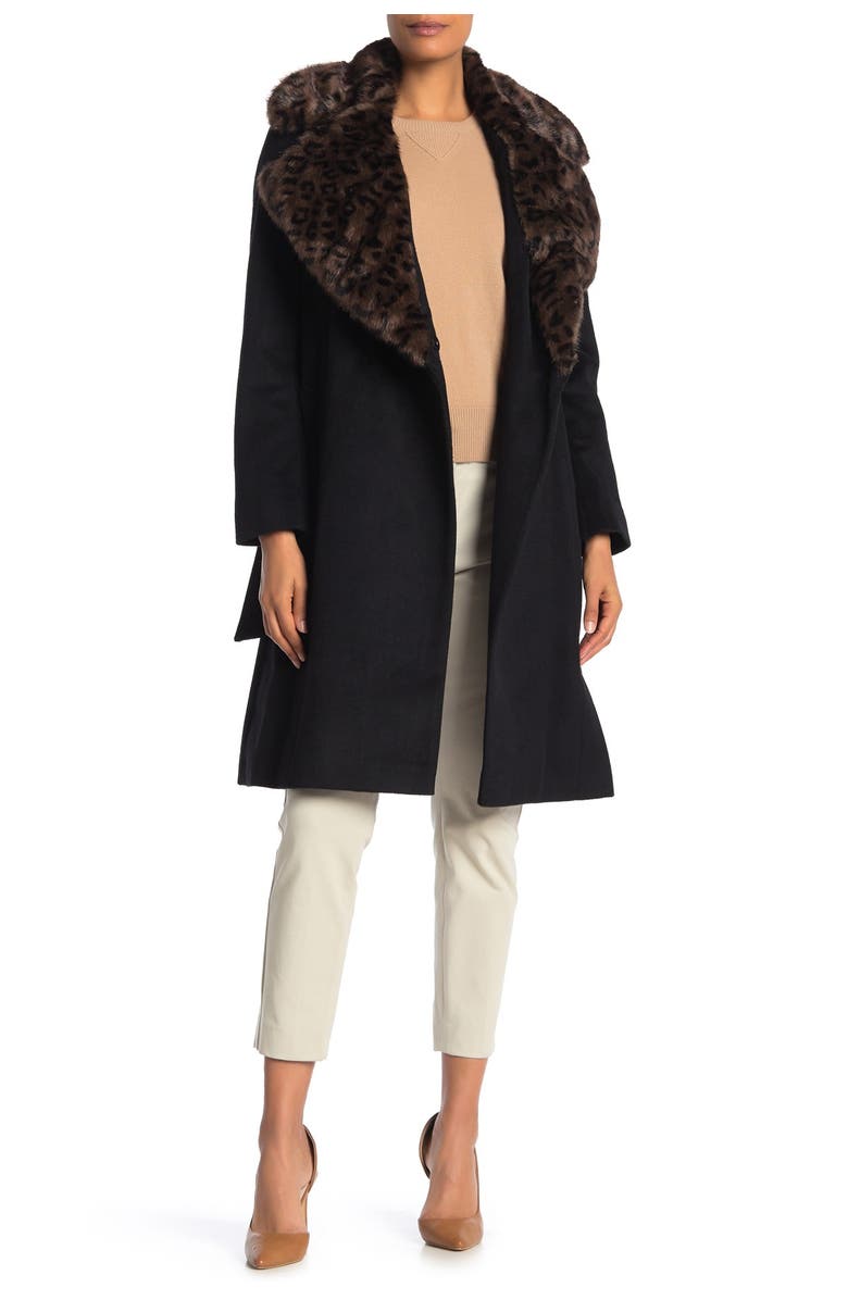 Via Spiga Wool Blend Faux Fur Leopard Collar Coat, Alternate, color,