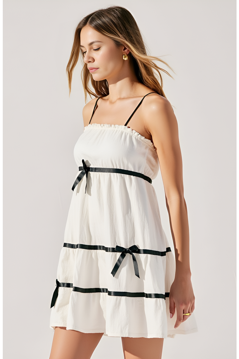 Spaghetti Strap Mini Dress with Ruffled Trim and Bow Accents, Alternate, color, White / Black Trim