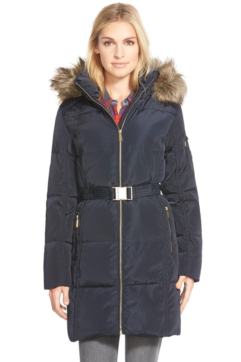Faux Fur Trim Belted Down & Feather Fill Parka, Main, color, NAVY