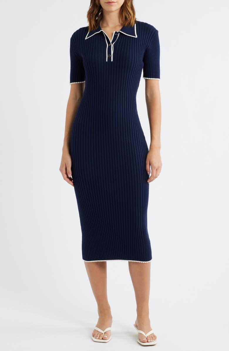 ZOE AND CLAIRE Collared Ribbed Knit Midi Dress, Main, color, Navy/ White
