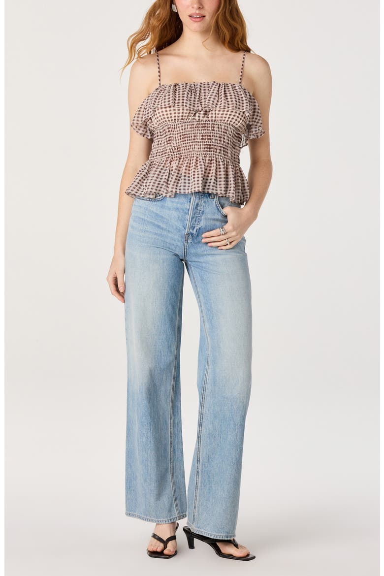 Carmelitha Ditsy Floral Gingham Ruffle Trim Peplum Top, Alternate, color, BROWN GINGHAM