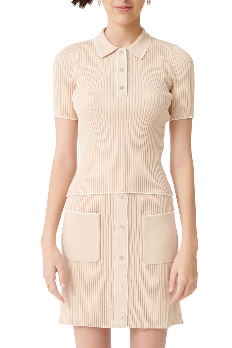 Marina Tipped Detail Ribbed Short Sleeve Sweater, Main, color, BEIGE