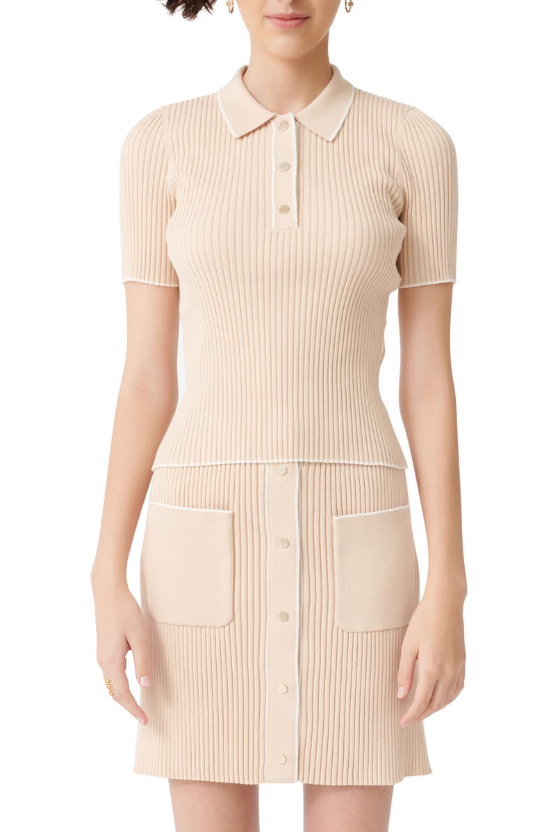 maje Marina Tipped Detail Ribbed Short Sleeve Sweater, Main, color, 