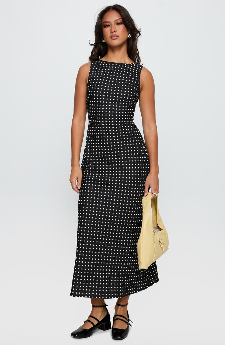 Princess Polly Voyager Polka Dot Linen Blend Dress, Alternate, color, Black Polka