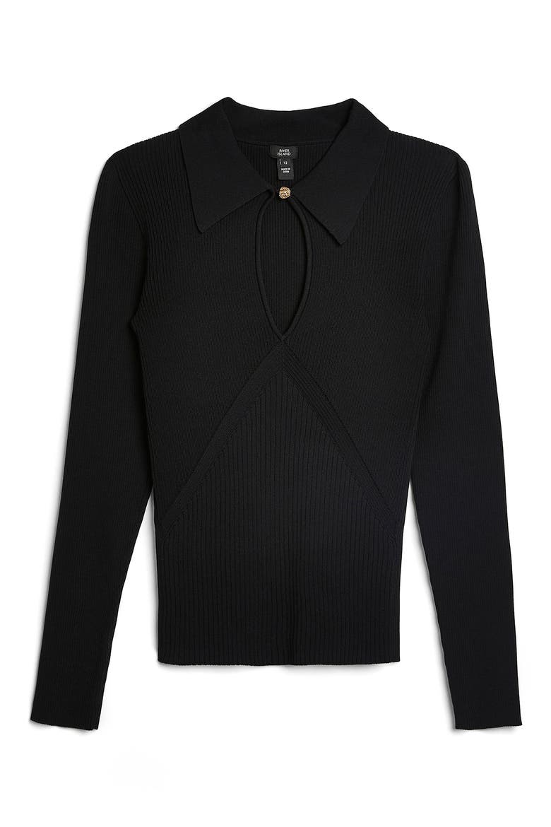 Rib Marquise Cut-Out Long Sleeve Polo, Alternate, color, BLACK