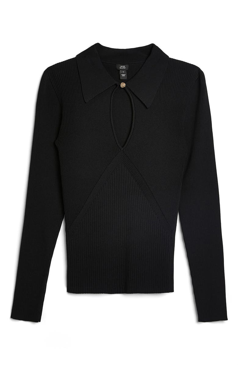River Island Rib Marquise Cut-Out Long Sleeve Polo, Alternate, color,