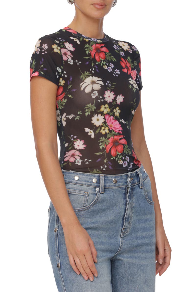 Avec Les Filles Floral Mesh Top, Alternate, color, Black Wildflower Print