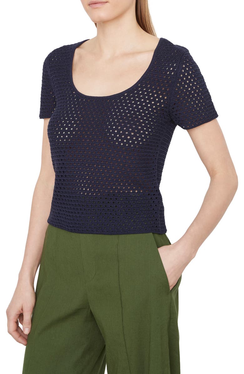 Vince Open Stitch Short Sleeve Cotton Sweater, Alternate, color, Navy