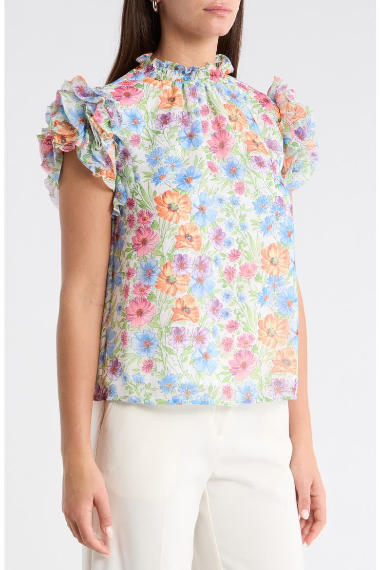 Ezia Brenna Floral Mock Neck Ruffle Sleeve Top, Alternate, color, BLUE-PINK-YELLOW