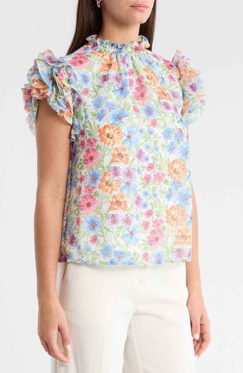 SUGARLIPS Ezia Brenna Floral Mock Neck Ruffle Sleeve Top, Alternate, color, Blue-Pink-Yellow