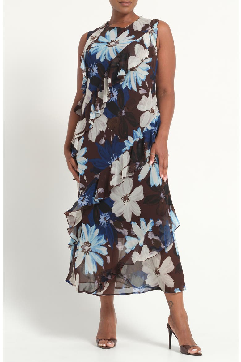 Aveline Floral Print Sleeveless Dress, Main, color, CHOCOLATE SKY