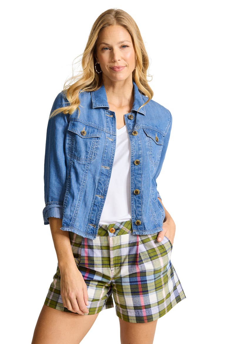 Fray Hem Chambray Crop Jacket, Alternate, color, MED INDIGO WASH