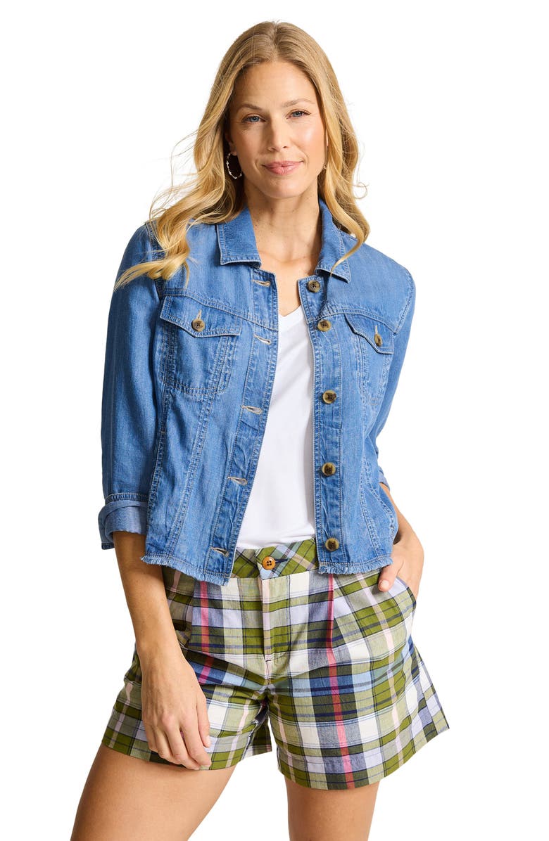 Tommy Bahama Fray Hem Chambray Crop Jacket, Alternate, color, Med Indigo Wash
