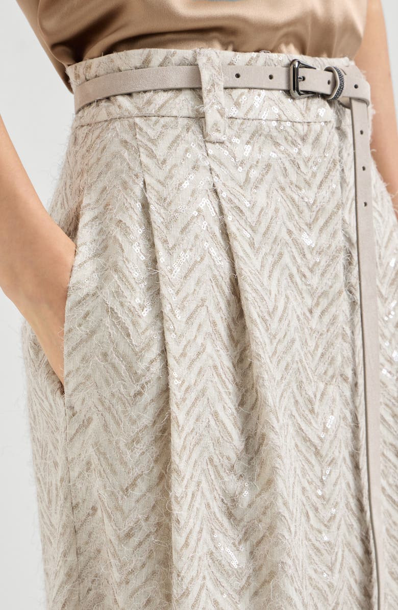 Brunello Cucinelli Dazzling chevron embroidery skirt, Alternate, color, Beige