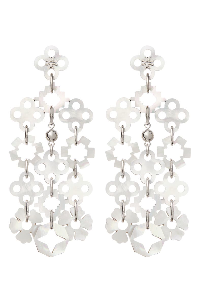 Tory Burch Forget Me Not Drop Earrings, Main, color, Light Silver / Ivory