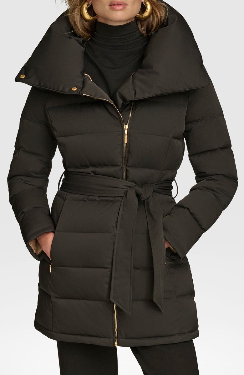 Donna Karan New York Water Resistant Belted Puffer Coat, Main, color, Black