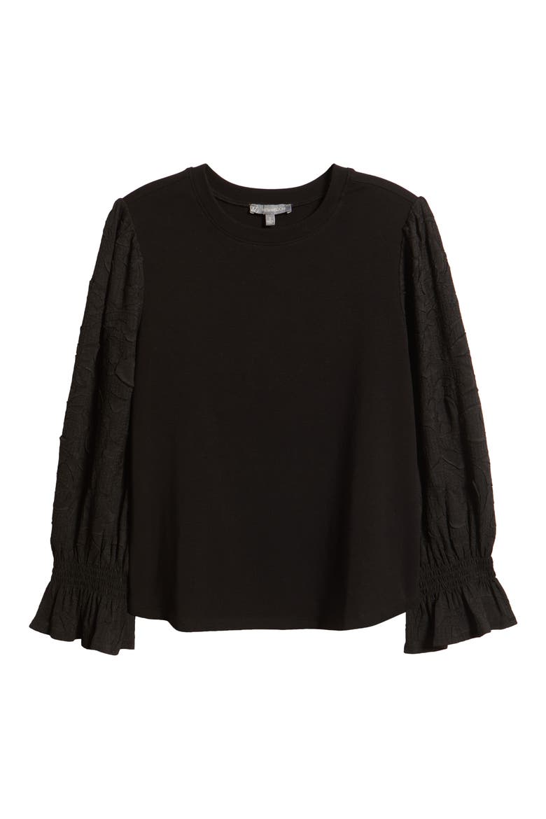 Mixed Media Smocked Sleeve Top, Alternate, color, BLACK