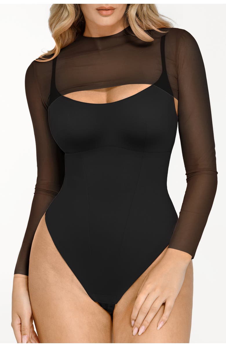 Popilush Sheer Shapewear Mesh Cutout Corset Bodysuit 2-Piece Set, Main, color, Jet Black