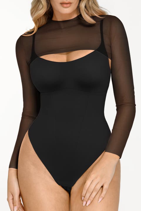Sheer Shapewear Mesh Cutout Corset Bodysuit 2-Piece Set