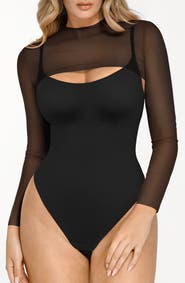 Popilush Sheer Shapewear Mesh Cutout Corset Bodysuit 2-Piece Set