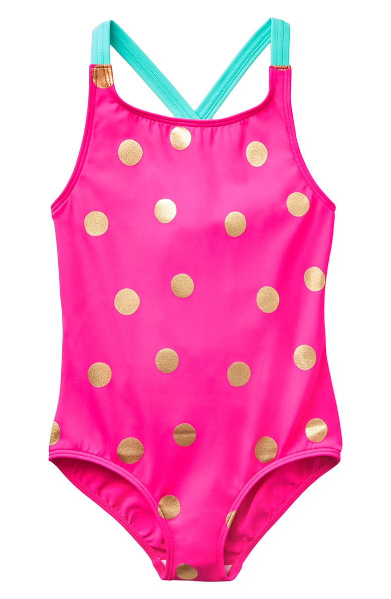 Mini Boden Kids' Cross Back One-Piece Swimsuit, Main, color, Fuchsia Pink Foil Spot