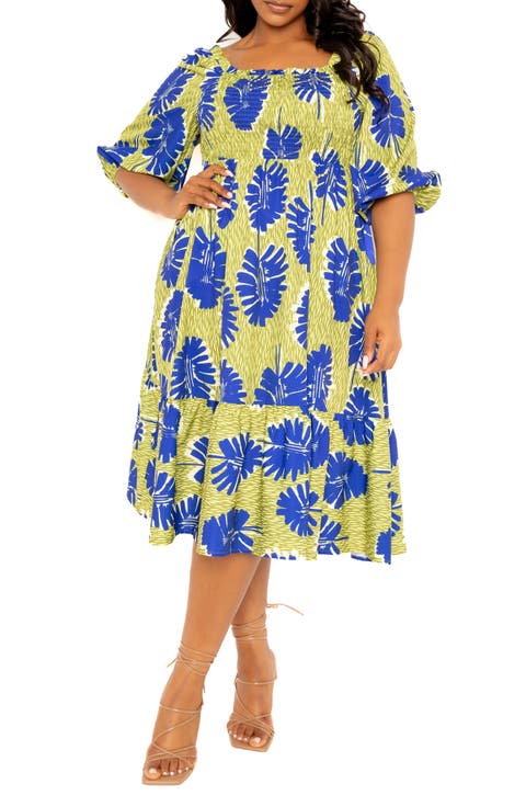 Print Smocked Midi Dress (Plus)