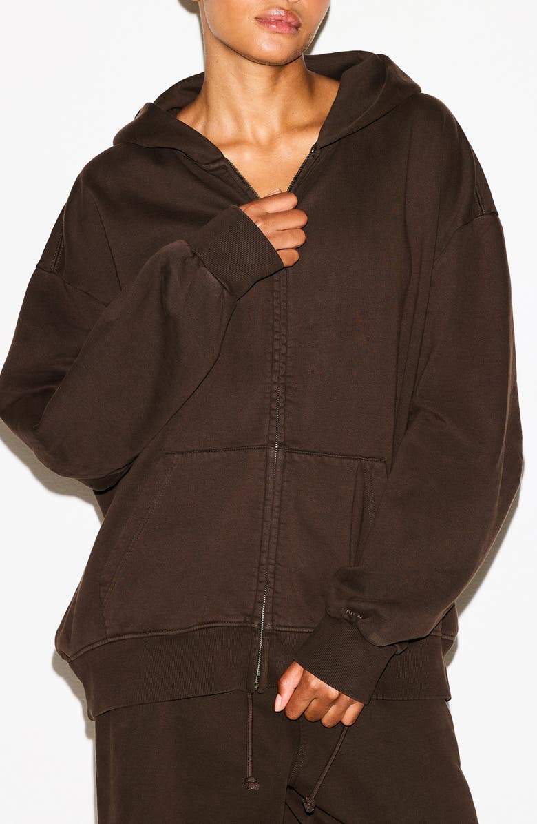 SKIMS Boxy Zip-Up Fleece Hoodie, Main, color, Espresso