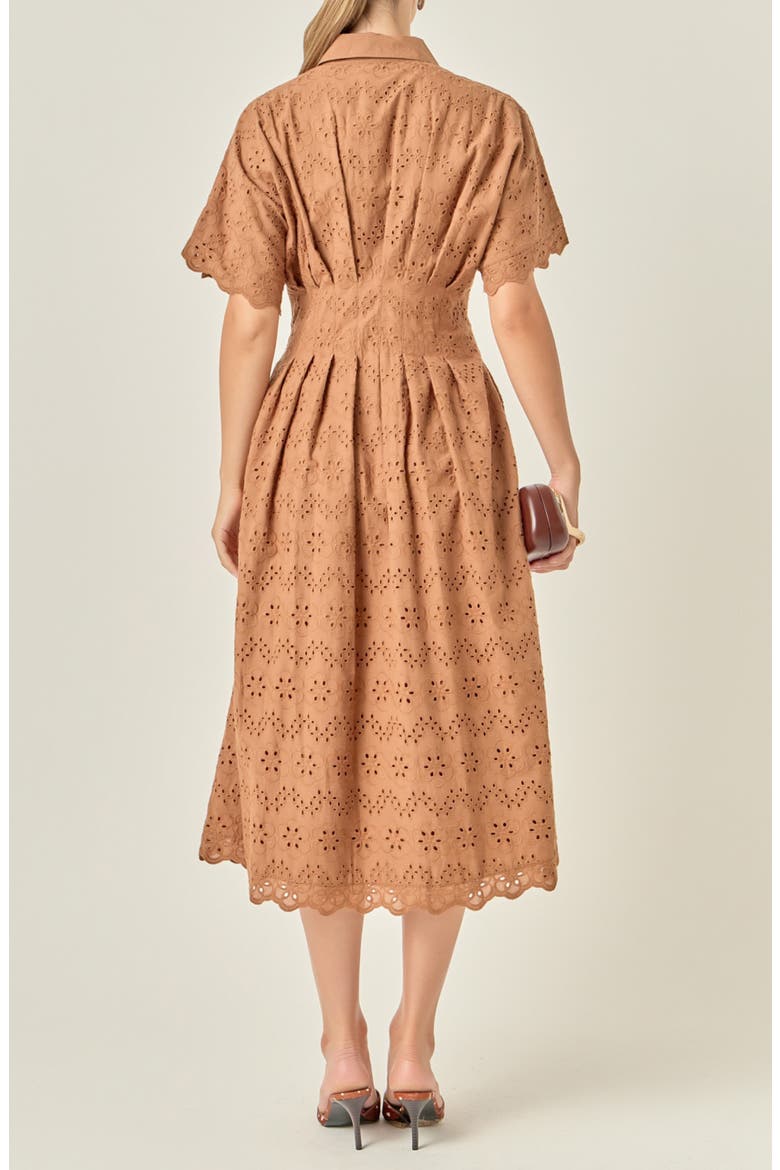 Eyelet Cinched Waist Midi Shirtdress, Alternate, color, BROWN