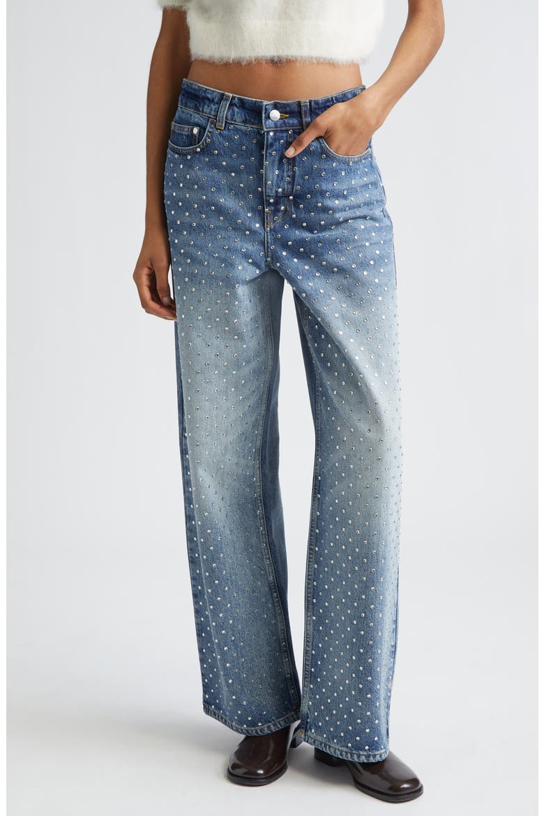 Crystal Embelished Wide Leg Jeans, Main, color, INDIGO