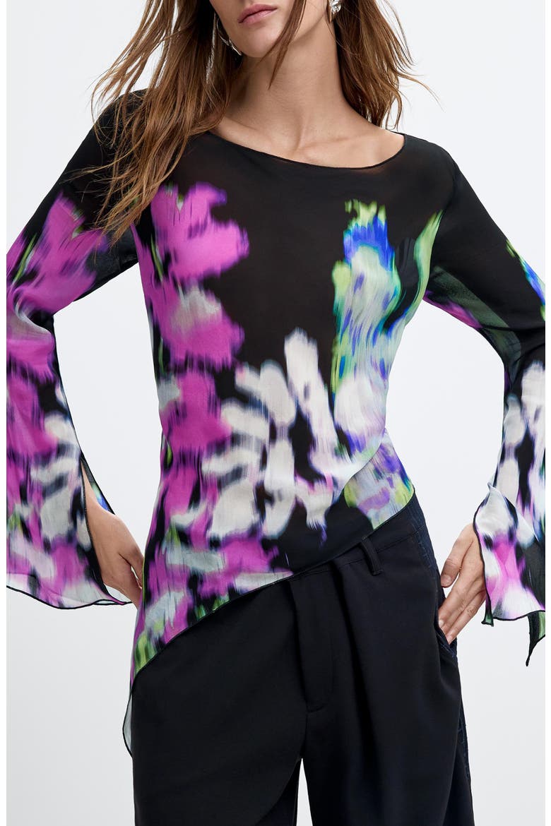Printed Bell Sleeve Top, Main, color, BLACK