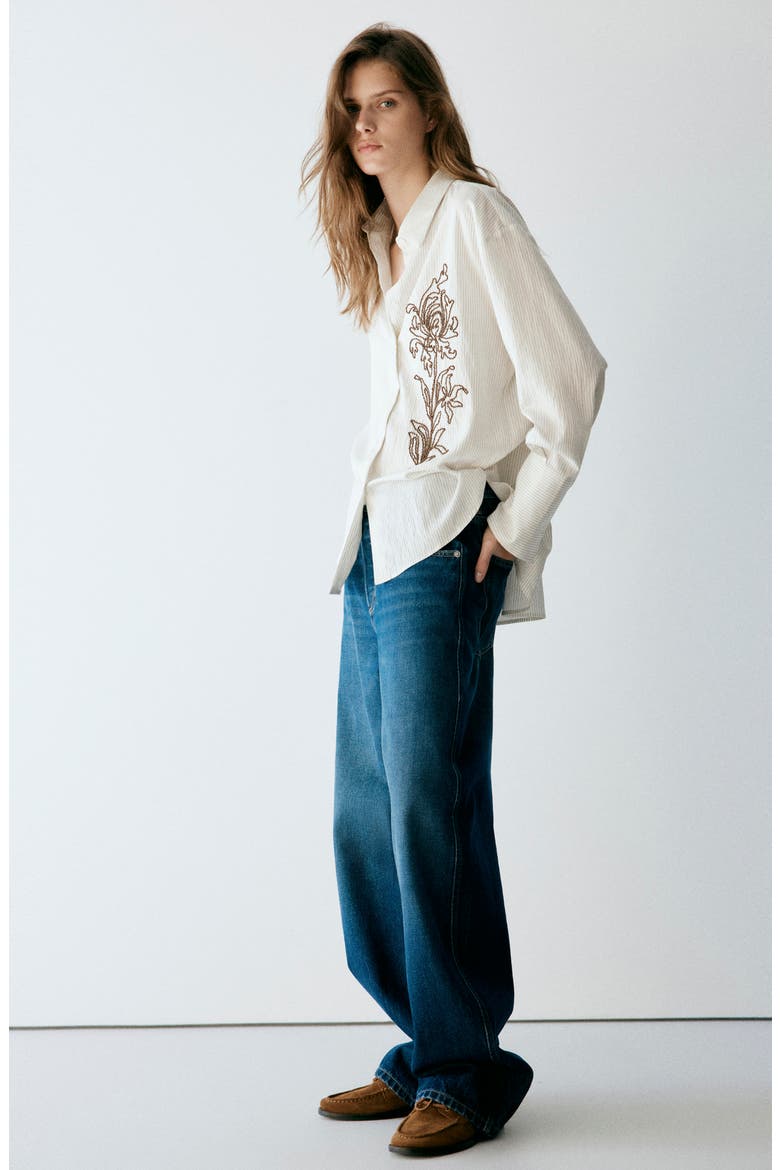Stripe Floral Beaded Embroidered Button-Up Shirt, Alternate, color, OFF WHITE