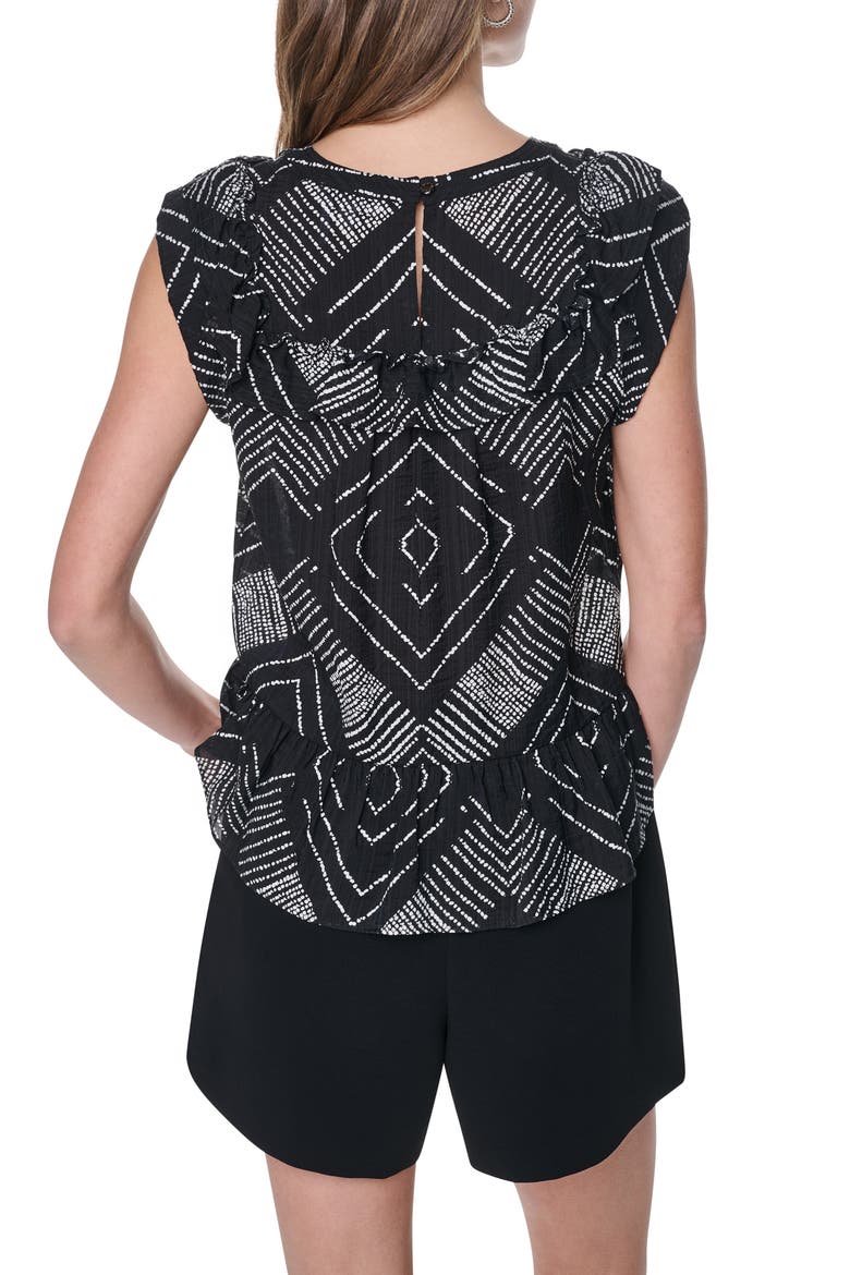 Print Flange Sleeve Ruffle Front Top, Alternate, color, GEO DIAMOND POINTELLE