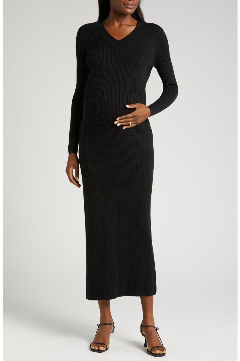 Women's Ribbed Long Sleeve V-Neck Midi Sweater Dress, Main, color, SOFT BLACK