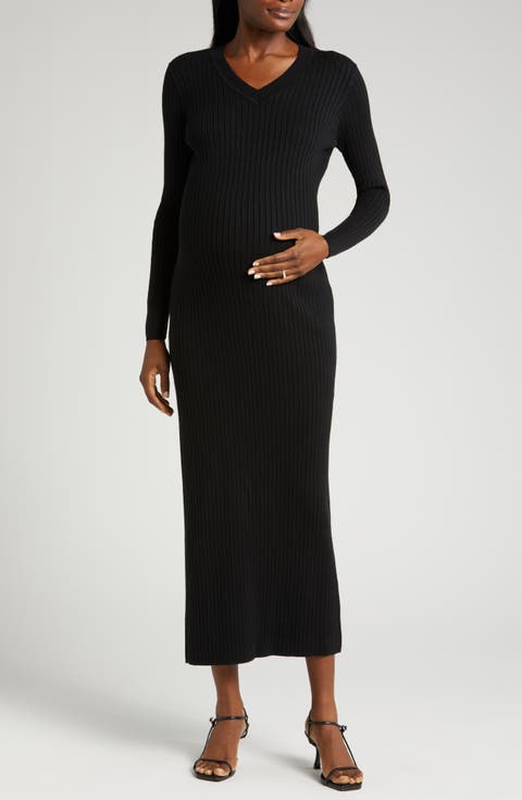 MARION Women's Ribbed Long Sleeve V-Neck Midi Sweater Dress