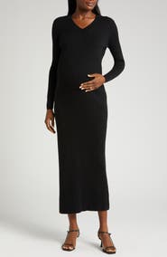 Marion MARION Women's Ribbed Long Sleeve V-Neck Midi Sweater Dress