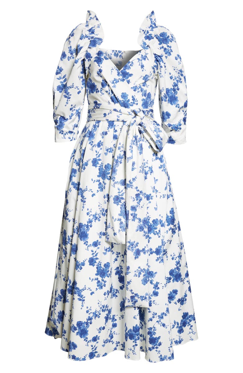 Carolina Herrera Floral Print Puff Sleeve Faux Wrap Dress, Alternate, color, White Multi