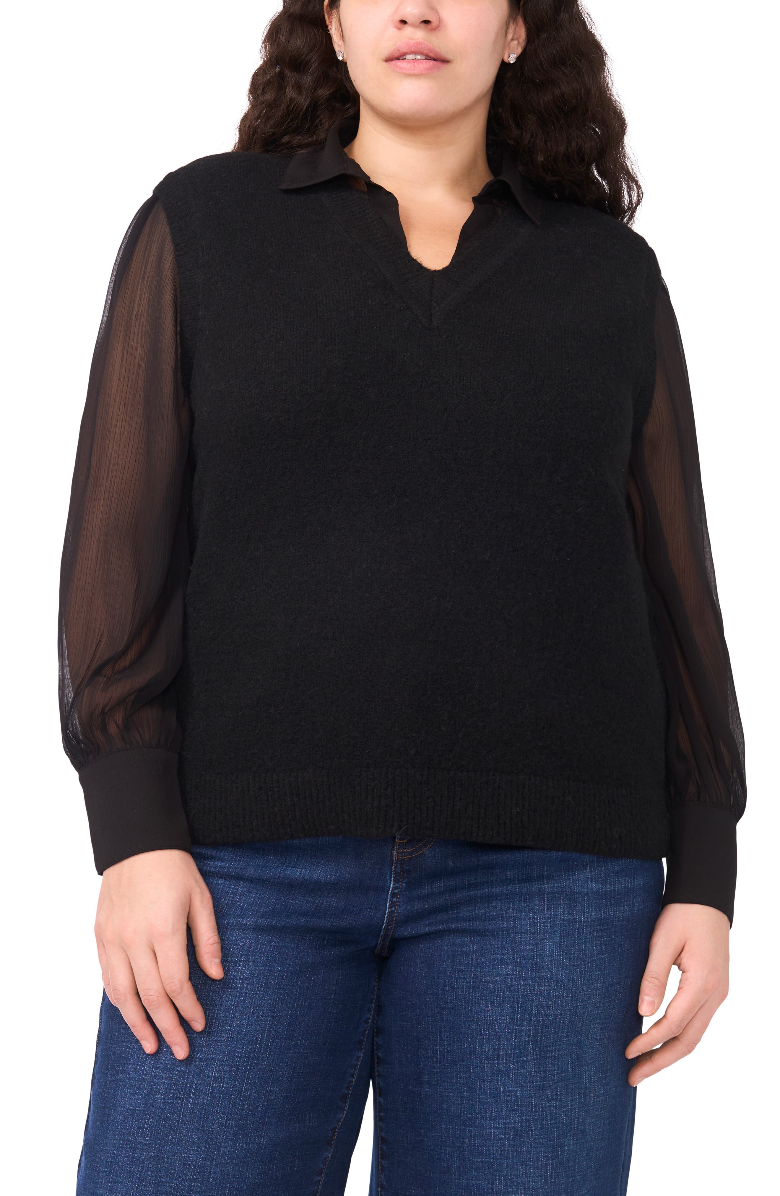 Halogen ® Mixed Media Long Sleeve Sweater In Black